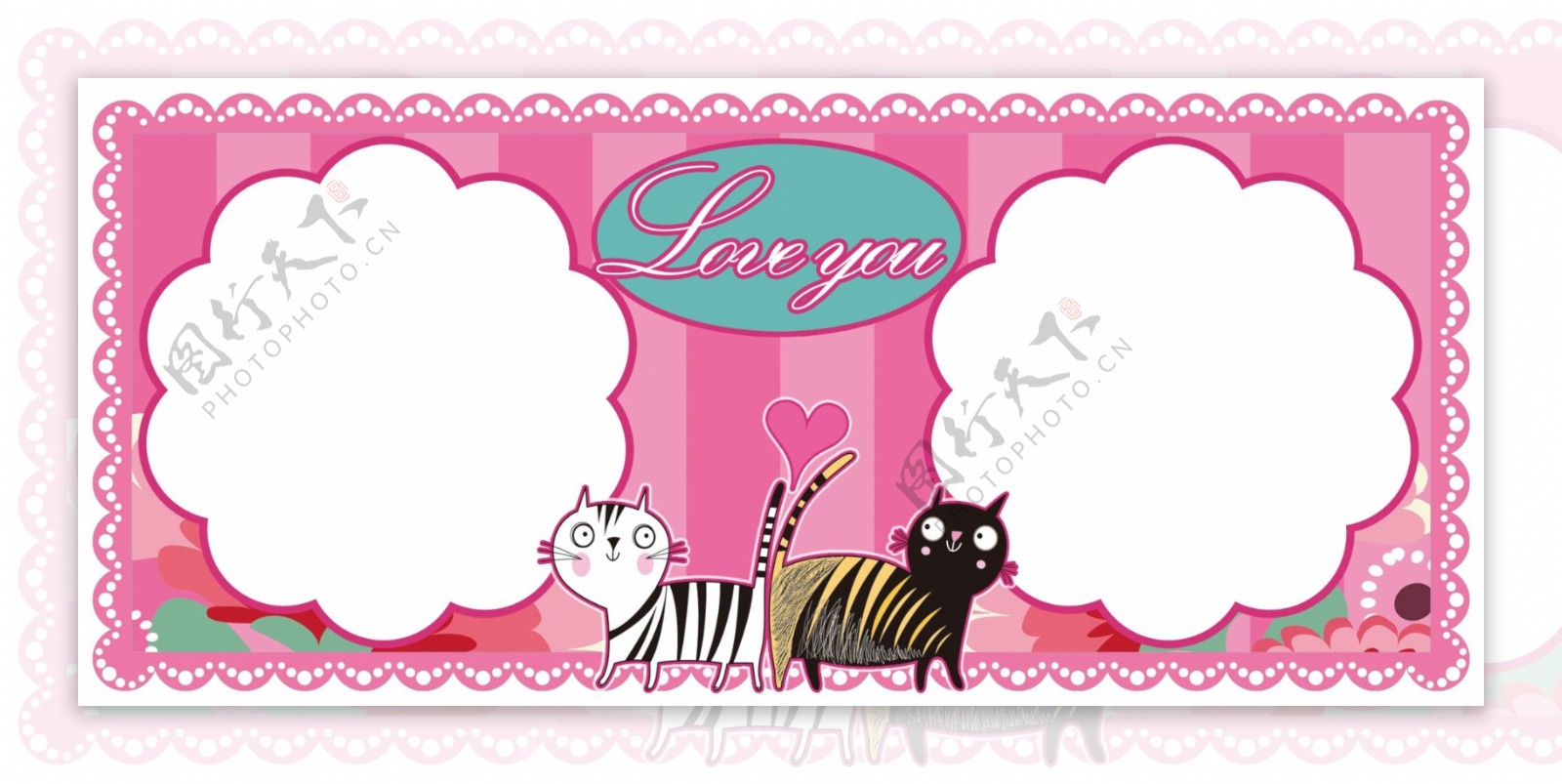 粉红爱情猫照片卡片模版