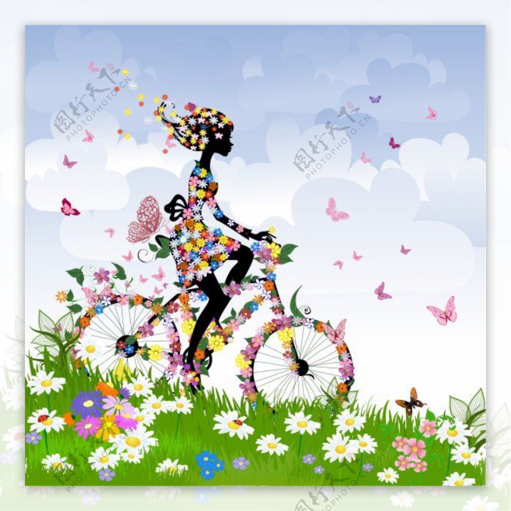 炫彩春季花朵自行车矢量素材