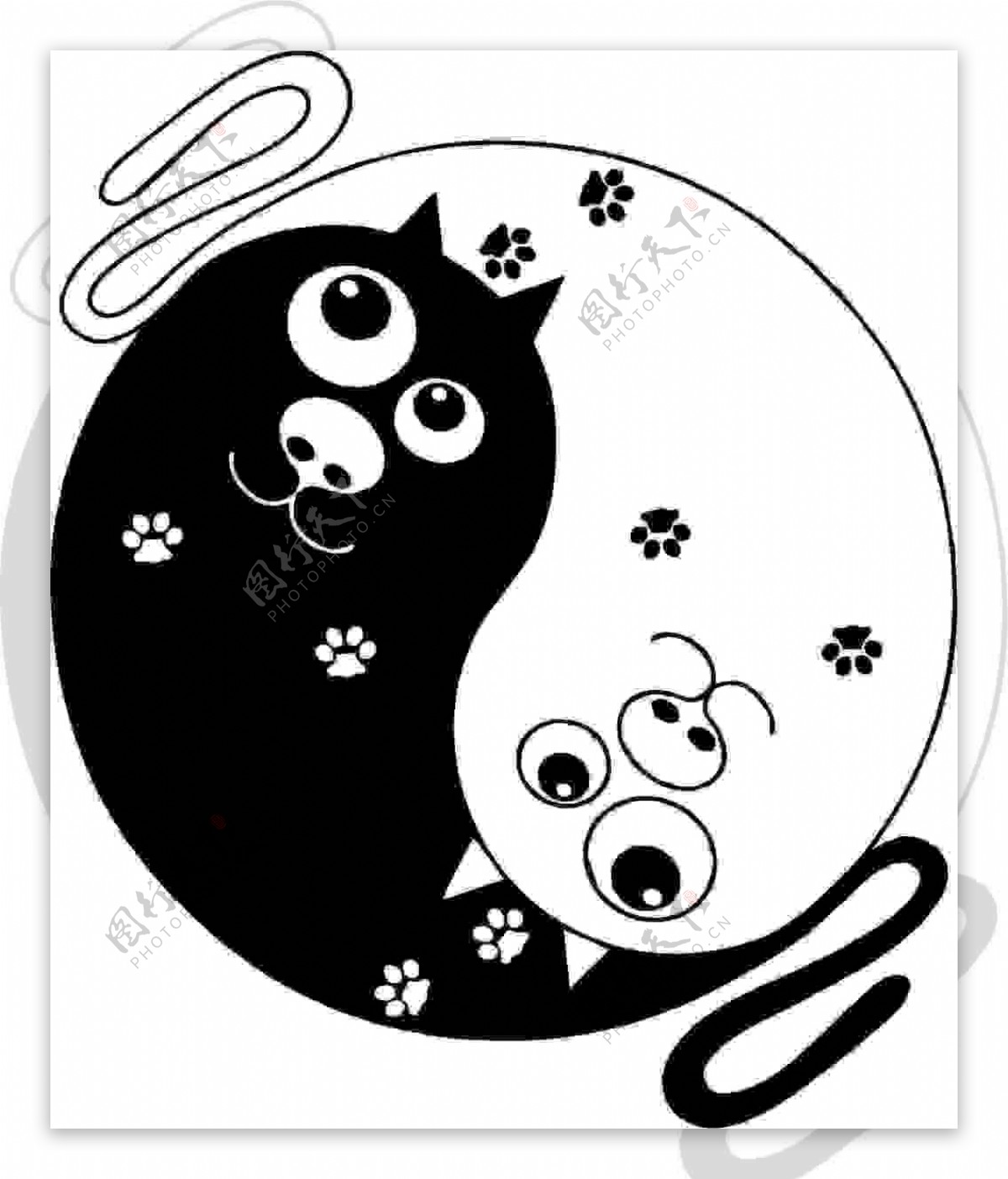 小猫黑白阴阳图案矢量图