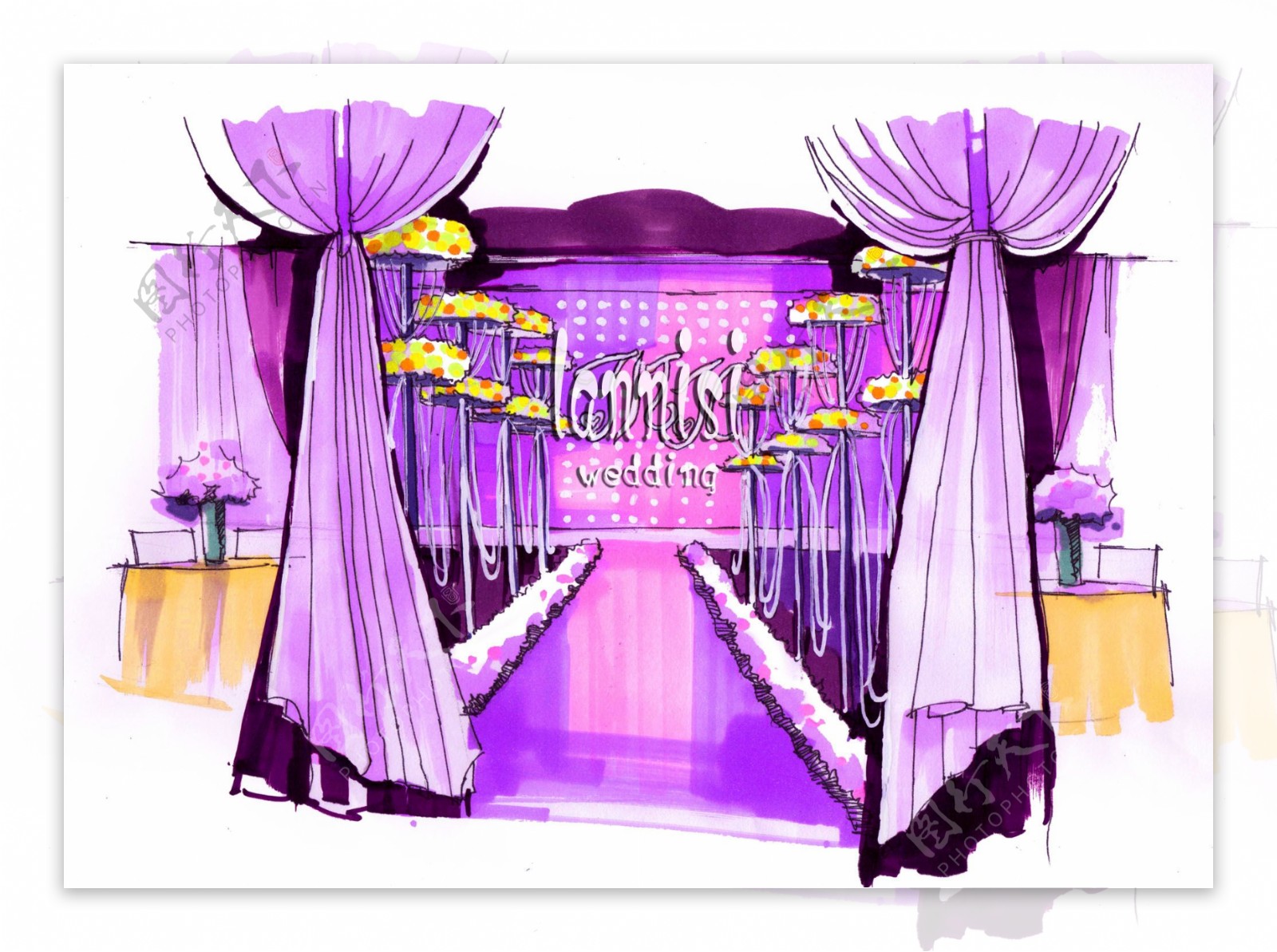 梦幻紫色系婚礼手绘效果图图片