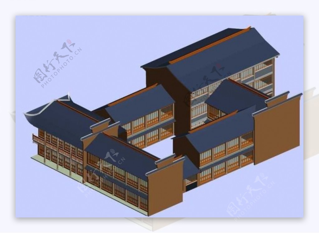 灰兰顶庭院式风格建筑群3D模型图