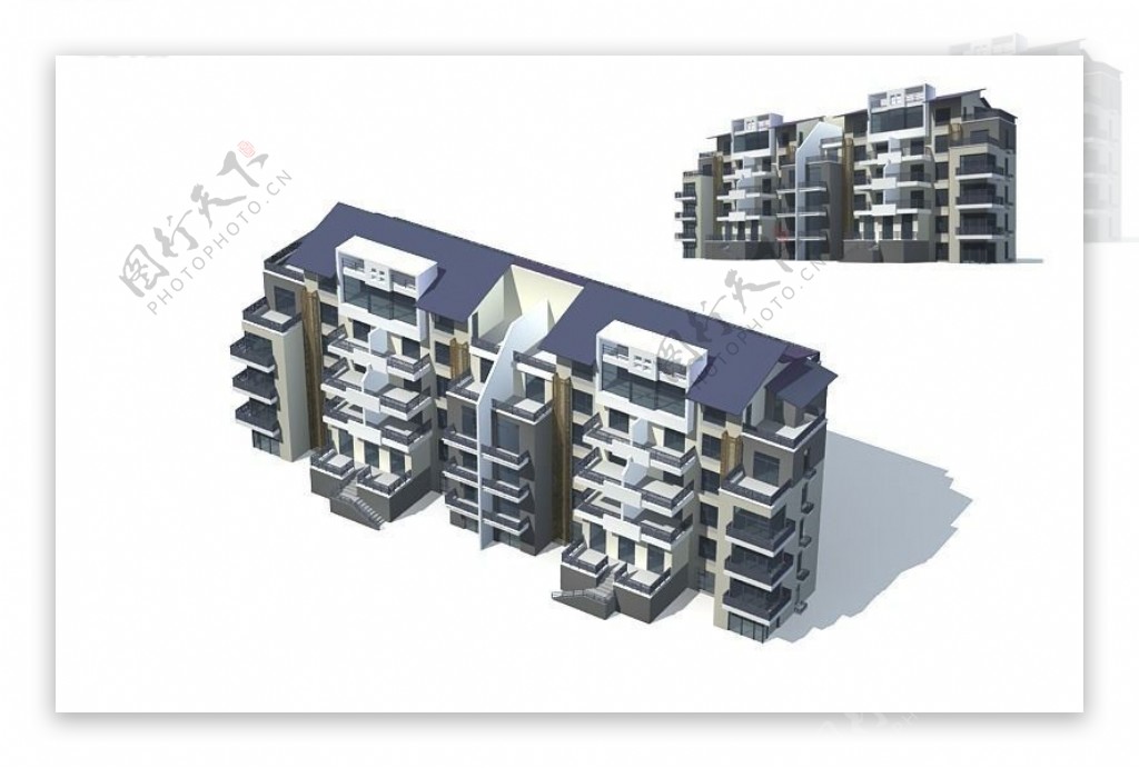 现代紫色平顶住宅小区建筑3D模型图