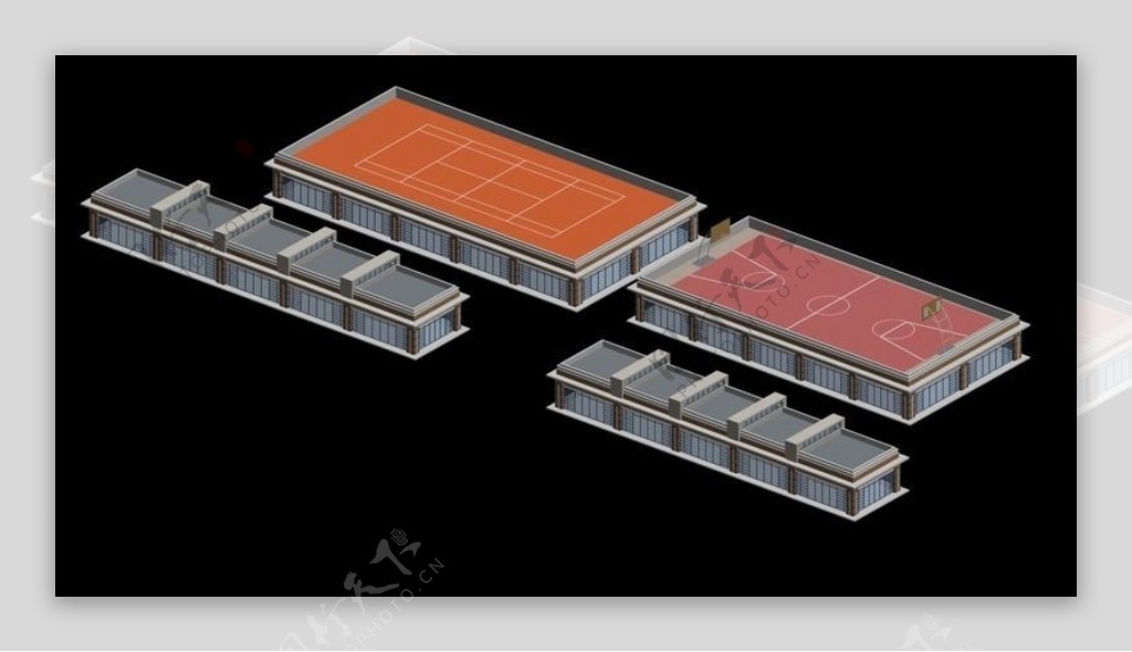 现代篮球羽毛球场地3D模型图