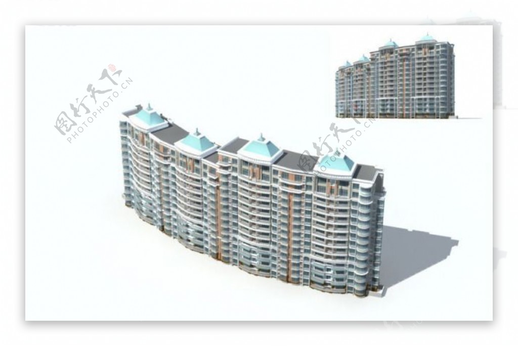 方锥塔顶沿街多层住宅楼建筑3D模型