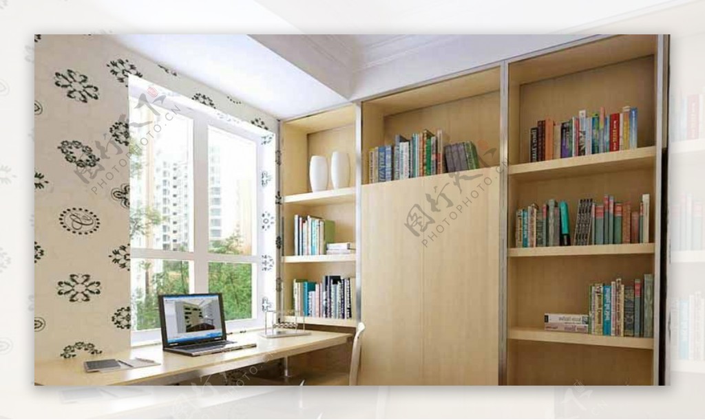 书房靠窗书桌书架模型图
