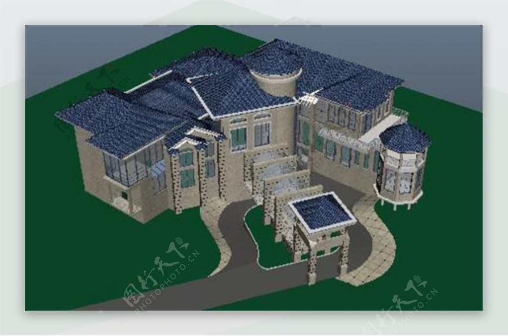 蓝色楼顶房子游戏模型