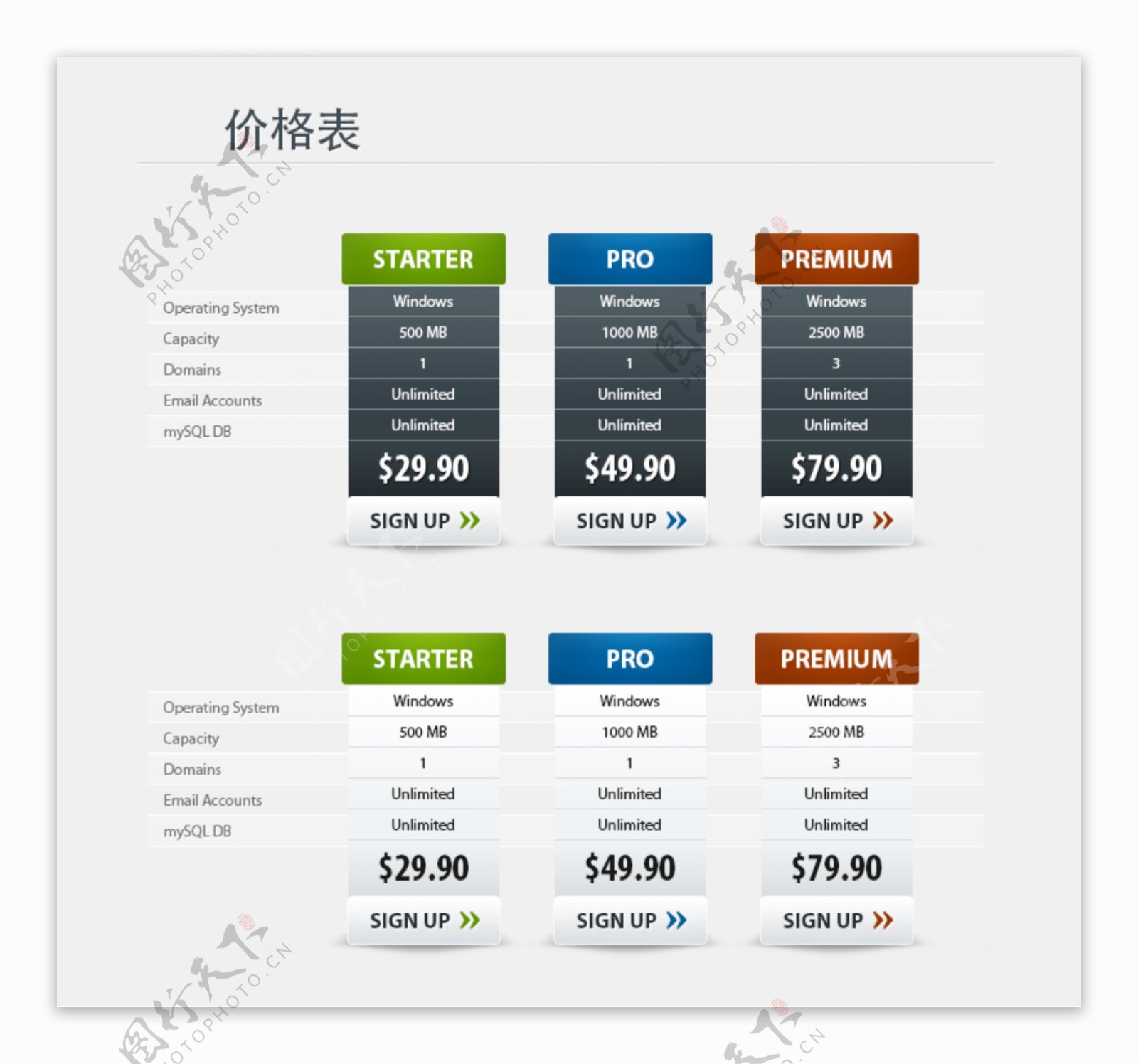 两种样式网站价格表