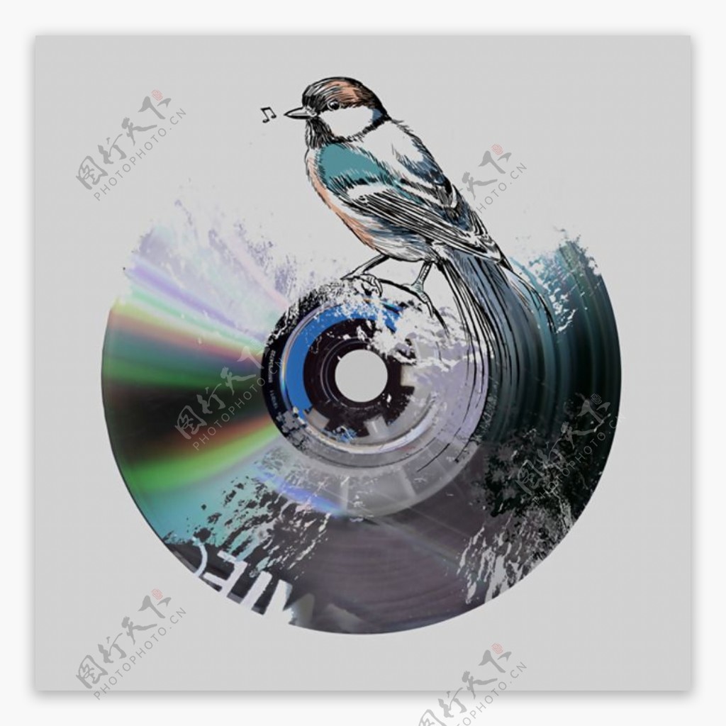 位图音乐元素唱片鸟类插画免费素材