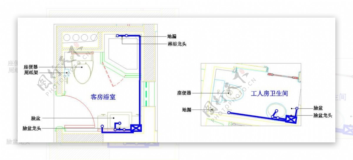工人卫生间客房浴室电位平面图