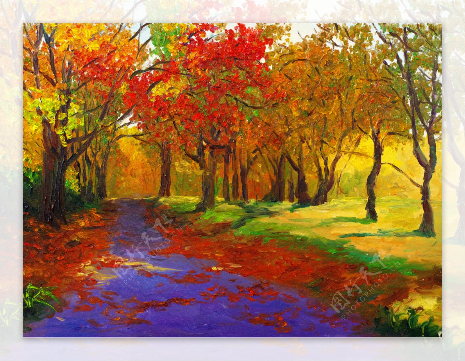 秋天树林道路油画图片
