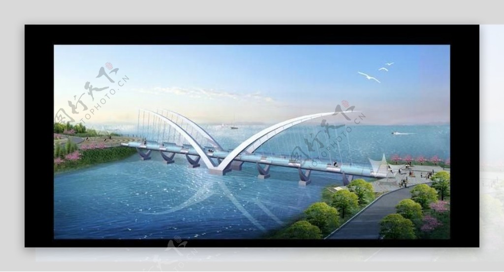 步行景观桥梁PSD效果图原创附带桥的平立面CAD图