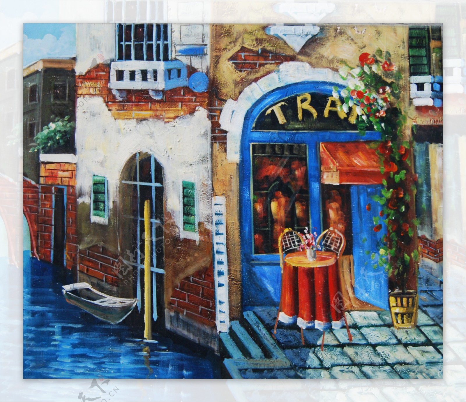威尼斯小镇商铺风景油画