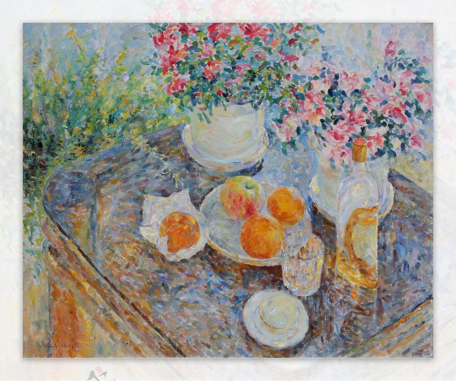 桌上的鲜花和水果油画