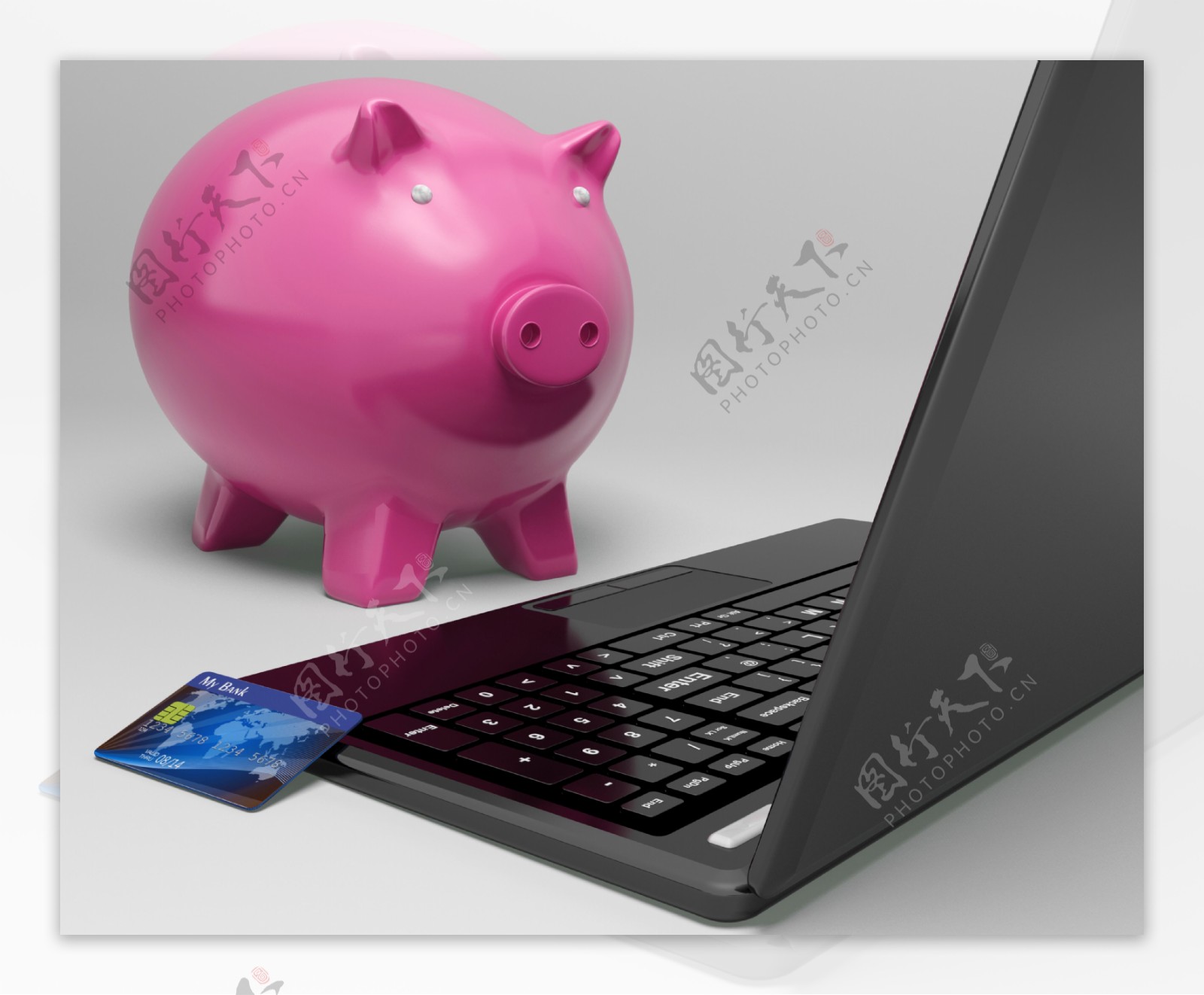 小猪在计算机显示投资增长的银行