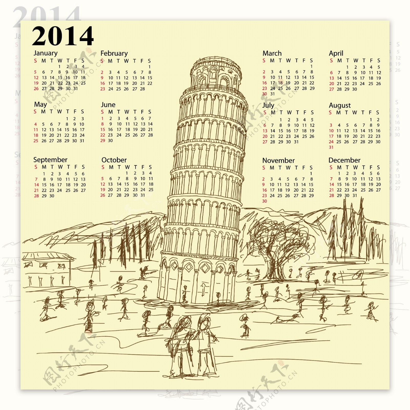 比萨斜塔的2014年份的日历