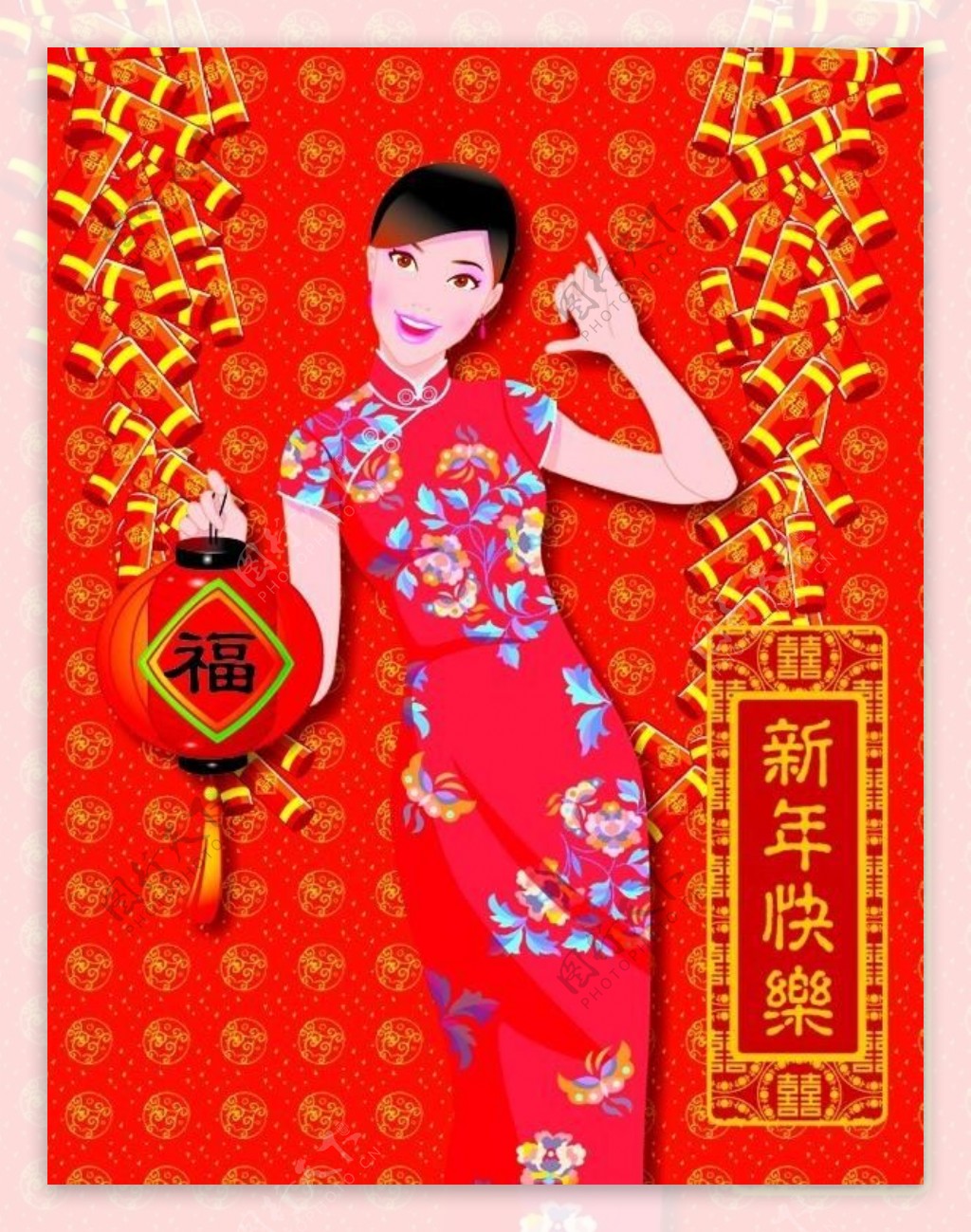 中国漂亮的红色裙子的祝福新年矢量