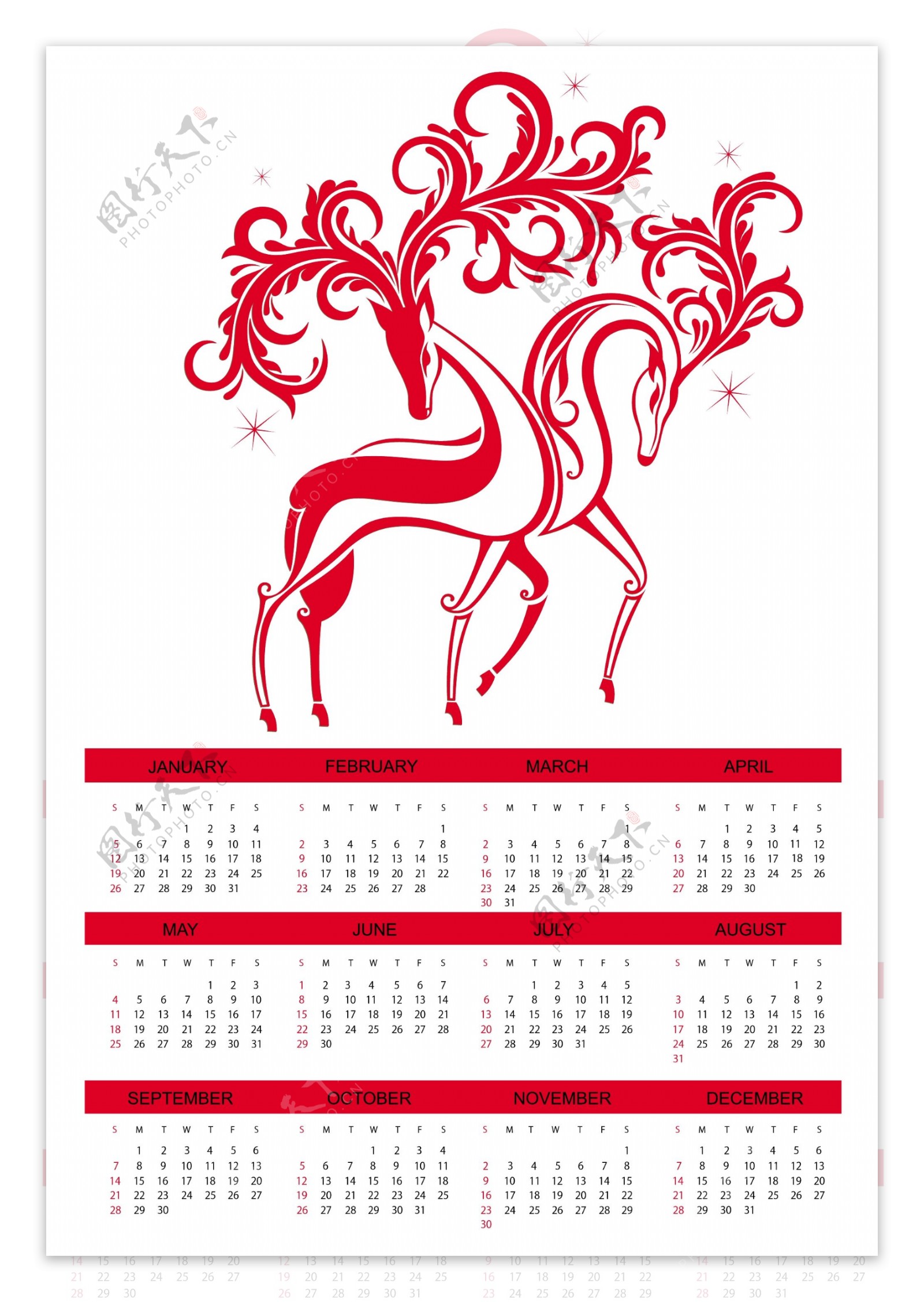 祥兽红白鹿挂牌月历图片素材