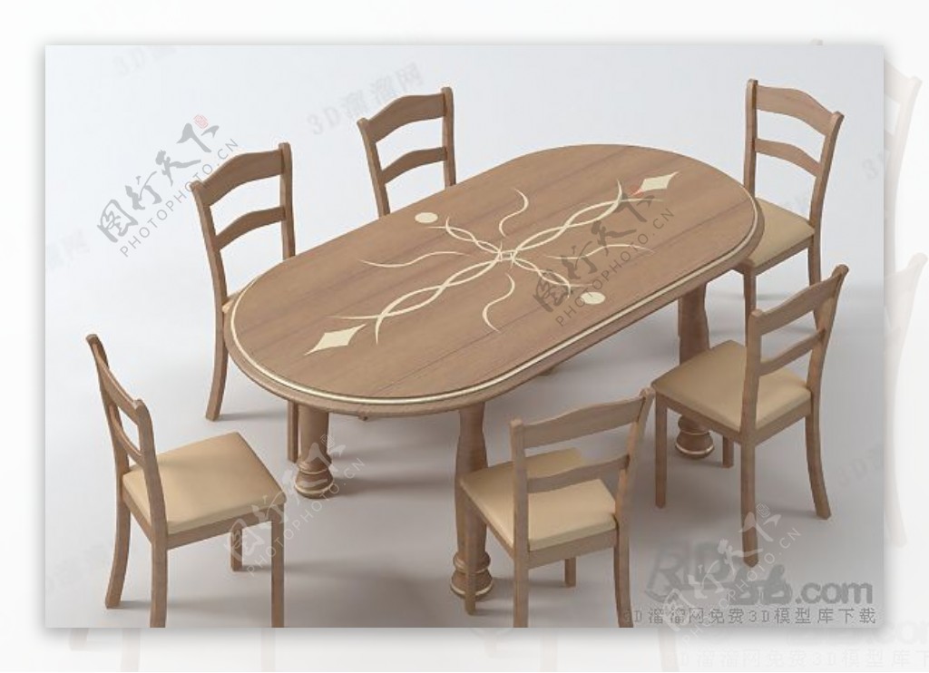 3D欧式实木餐桌椅组合模型