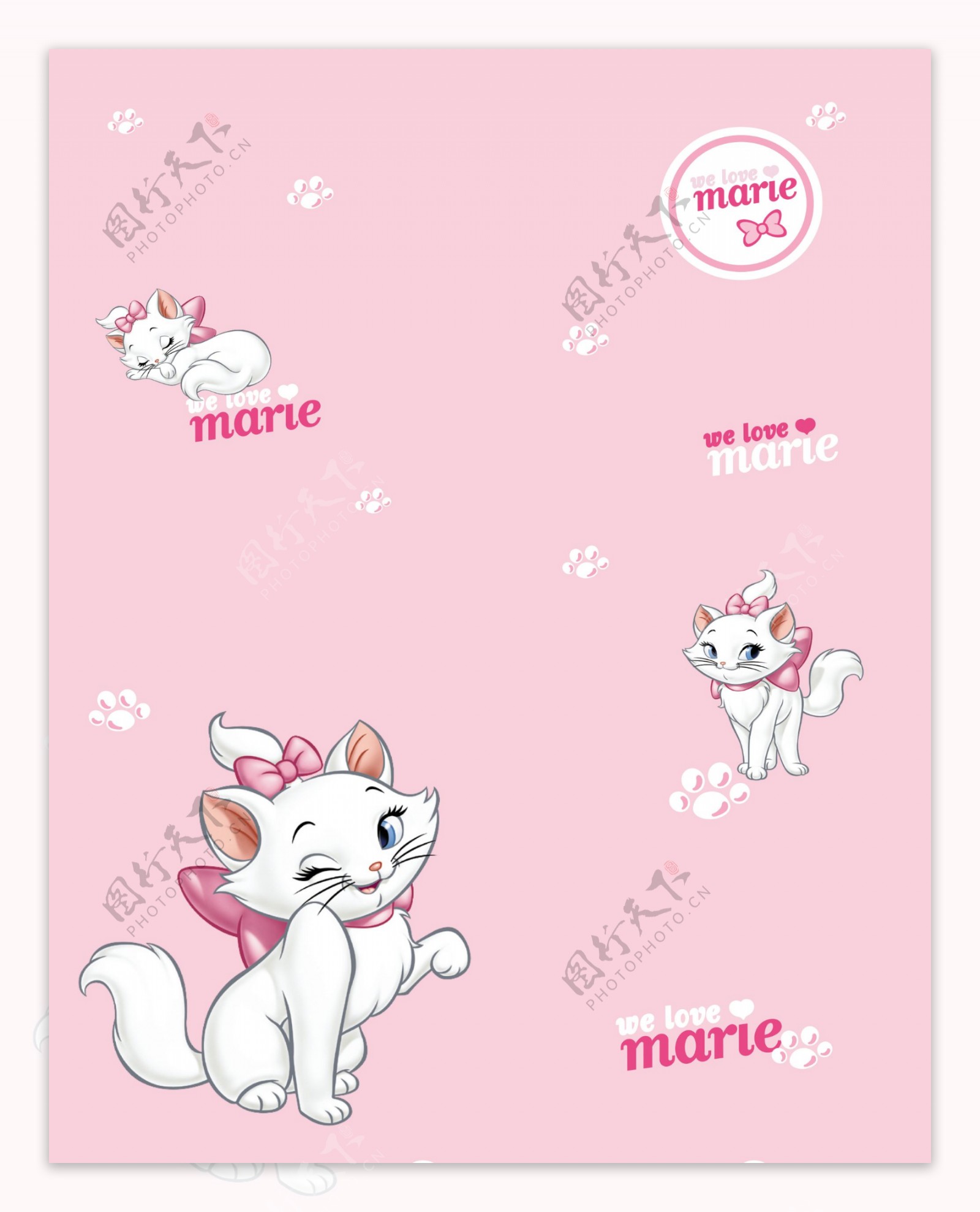 戴粉色蝴蝶结的白猫卡通移门图片