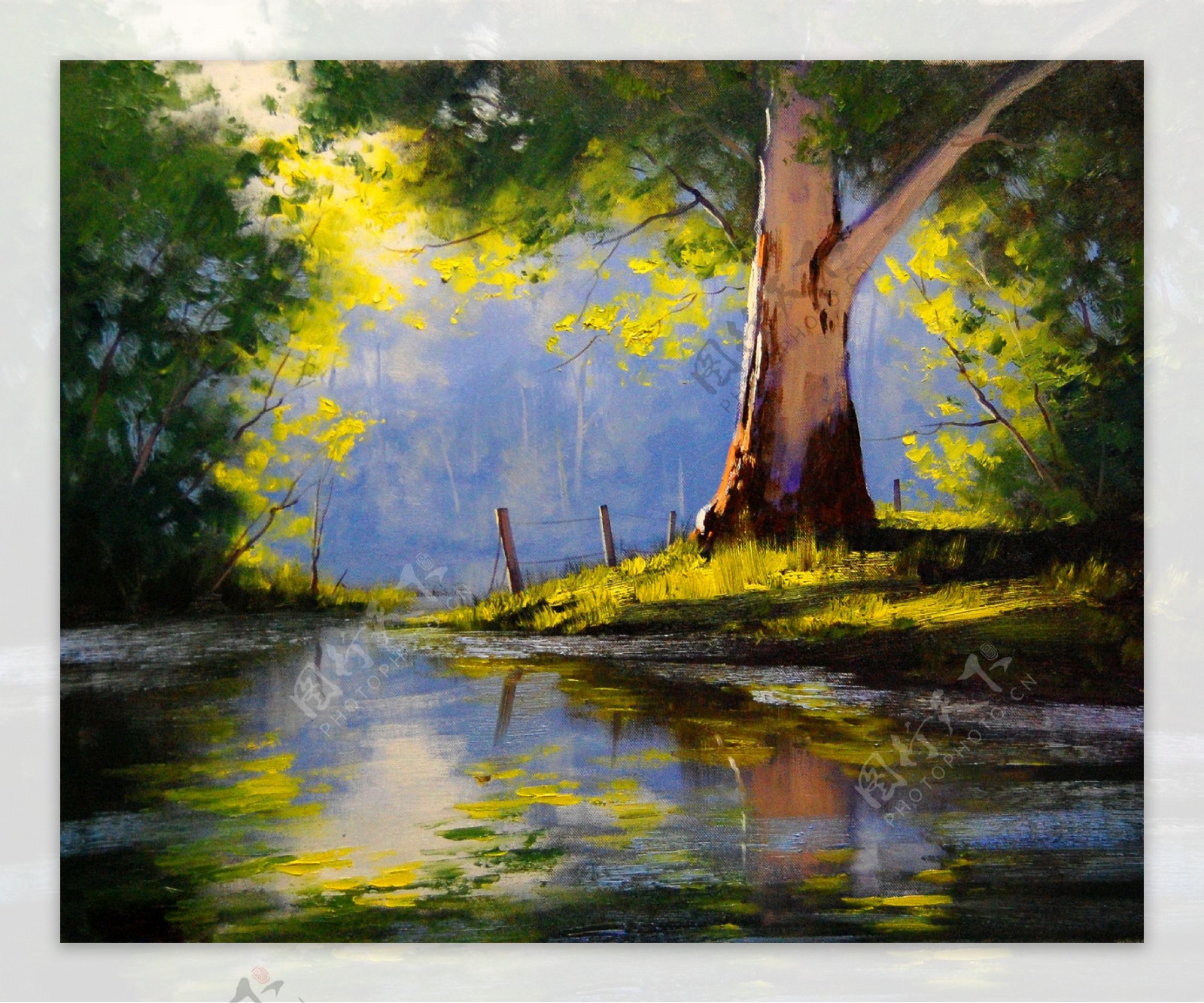 油画河边的树图片