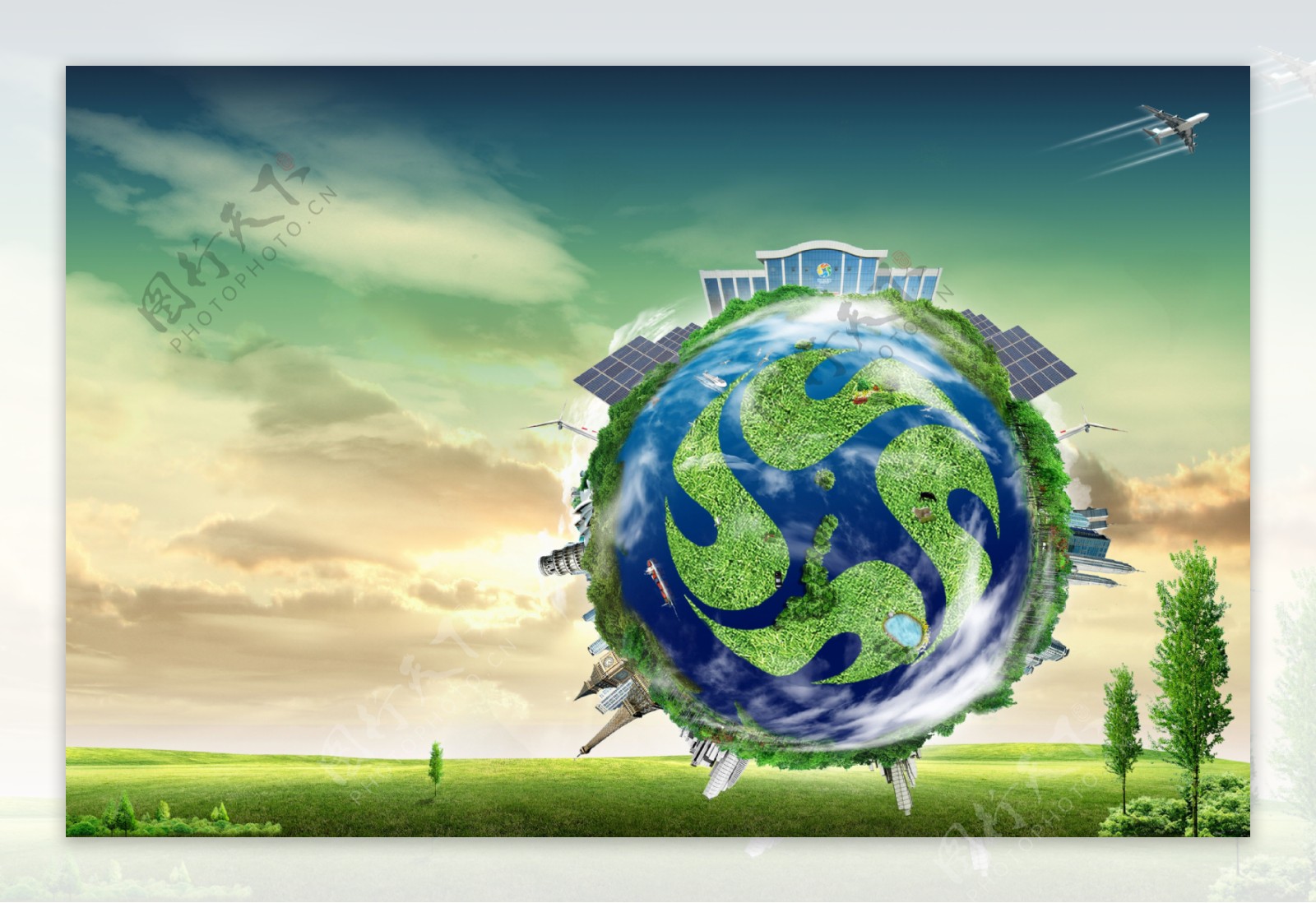 绿色能源城市地球电池板
