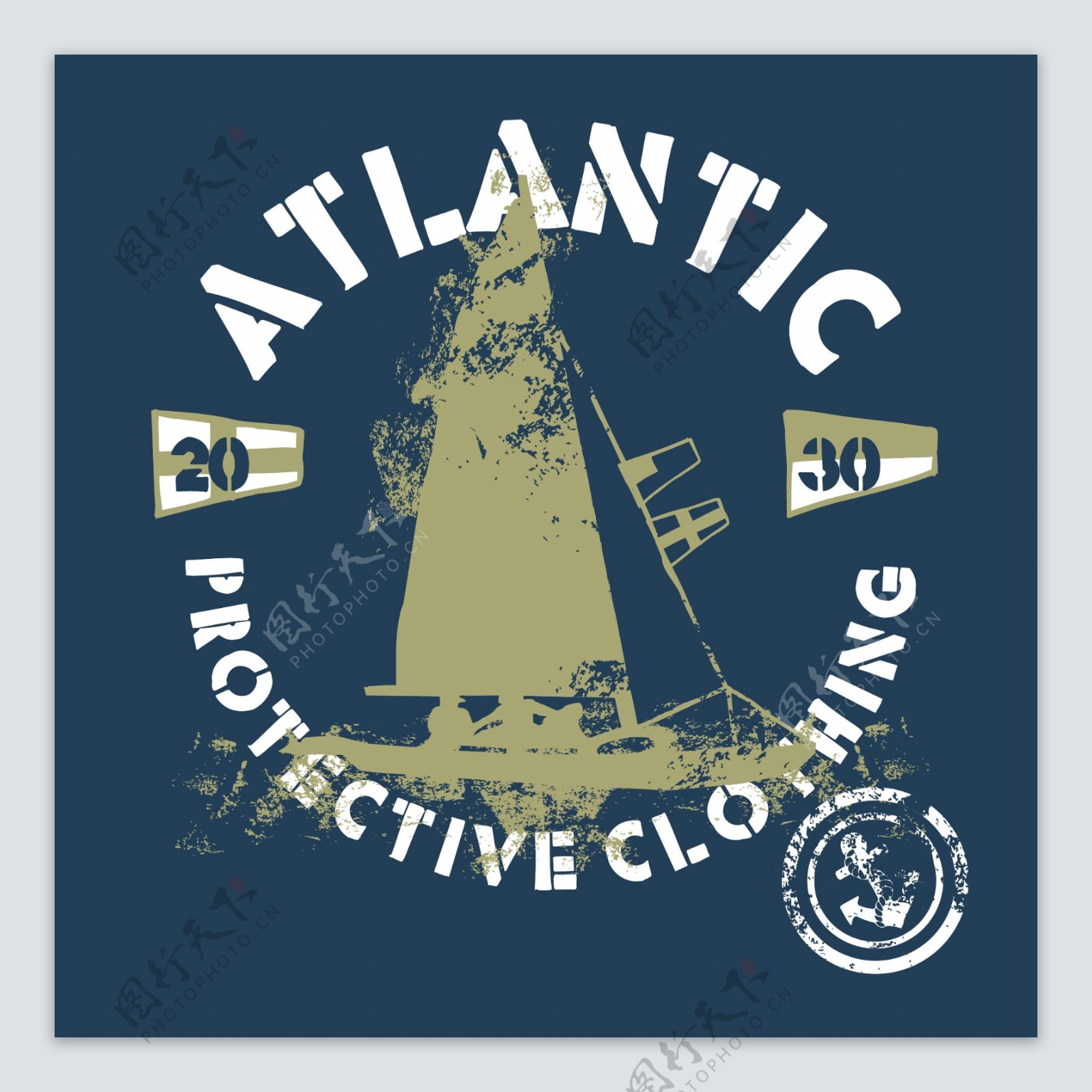 印花矢量图T恤图案图文结合帆船印章免费素材