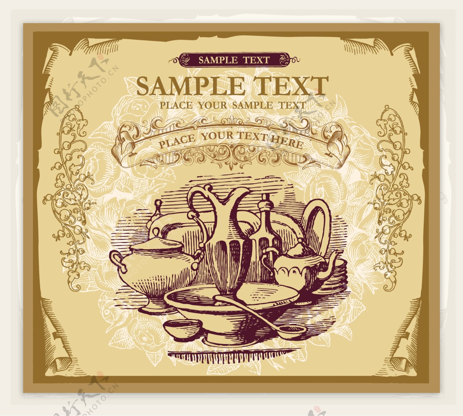 欧式古典花纹底纹标签茶具图片