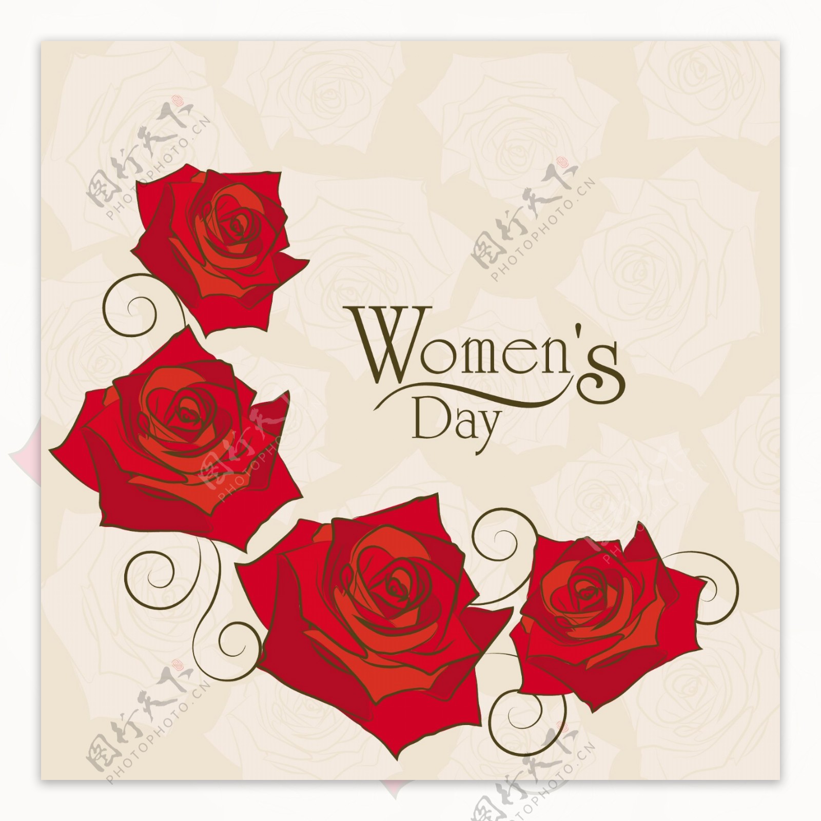 三八妇女节贺卡或海报设计与红玫瑰在抽象的棕色背景
