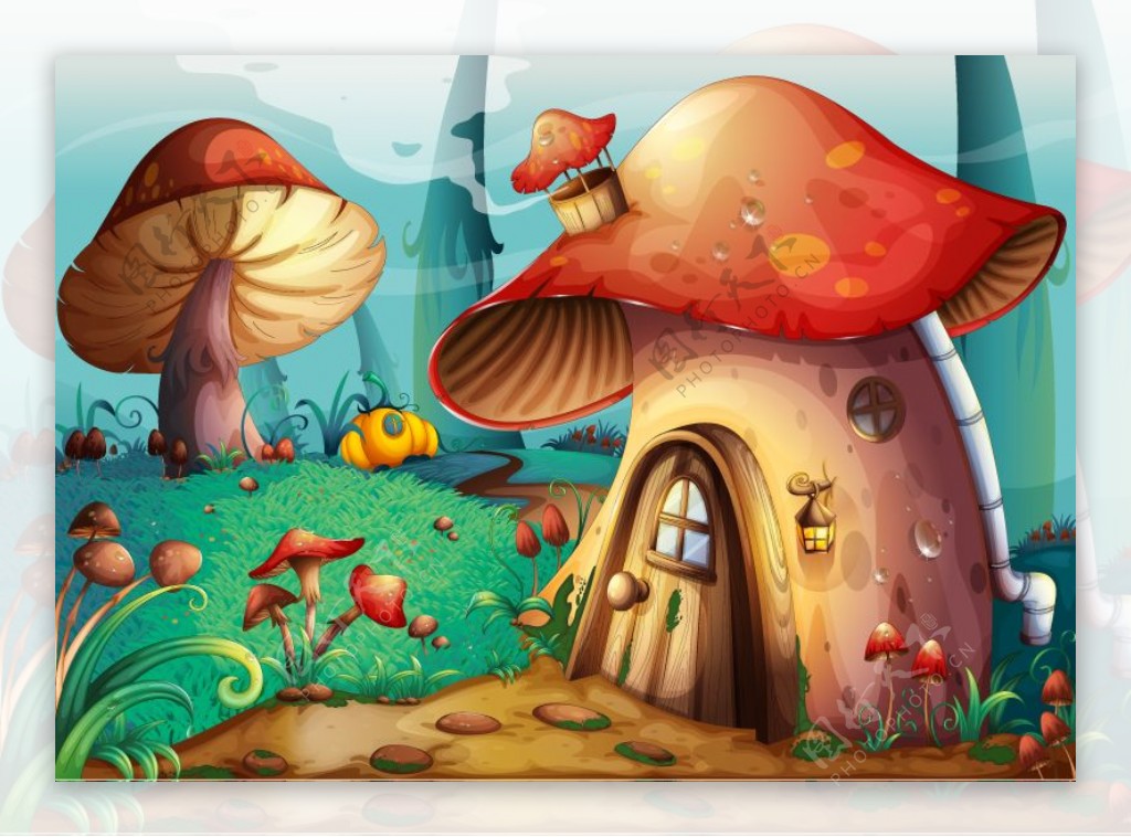 卡通森林蘑菇屋矢量素材