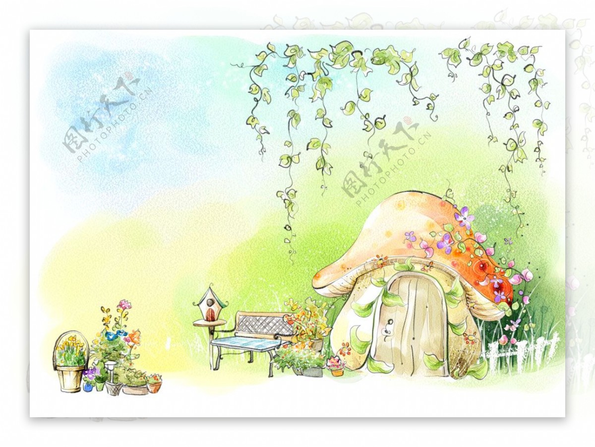 蘑菇小屋童话风景PSD分层素