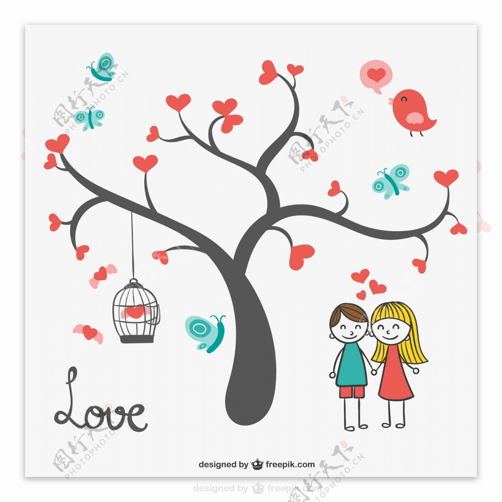 卡通爱心树与情侣矢量素材