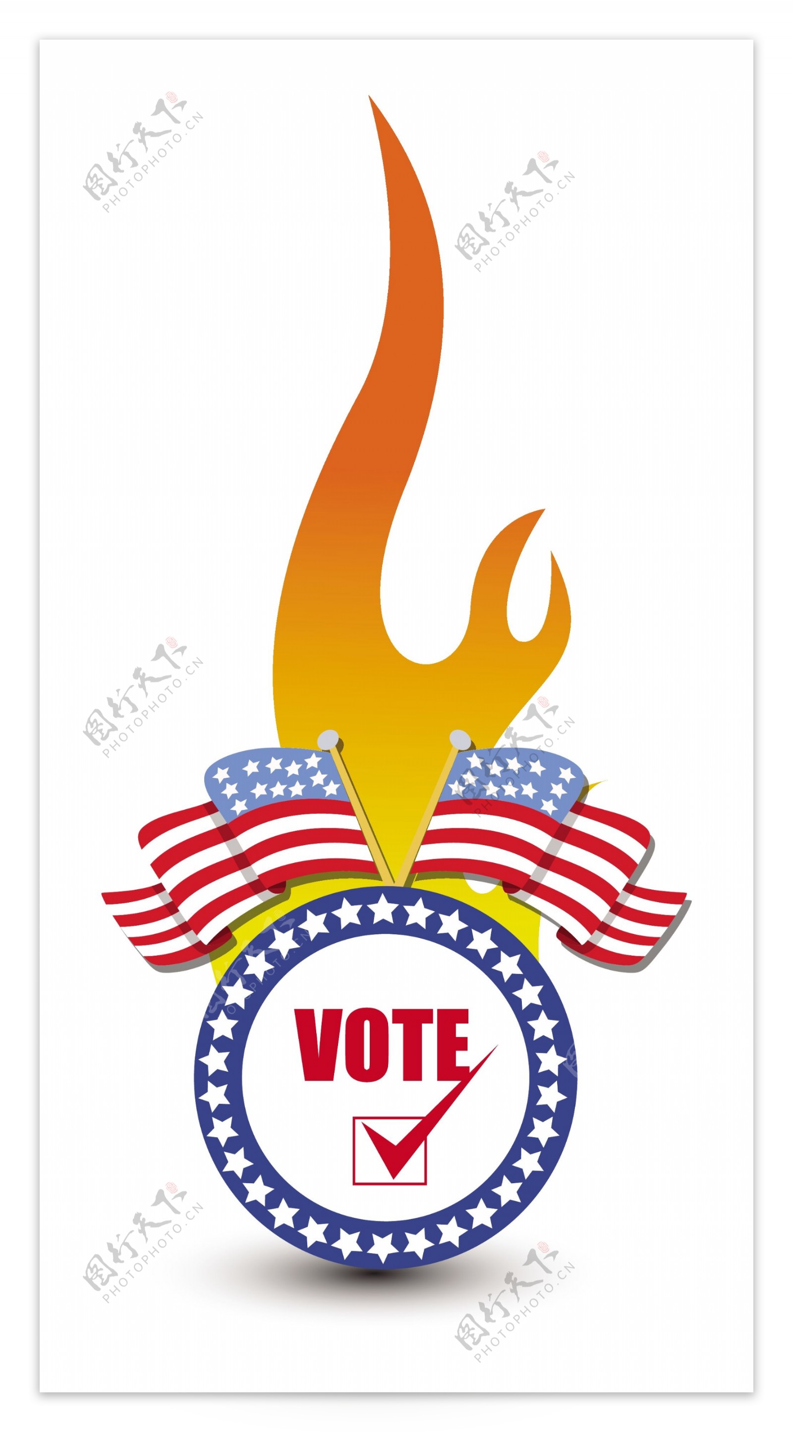 在一个燃烧的火焰的美国选举日投票的文本矢量插图徽章