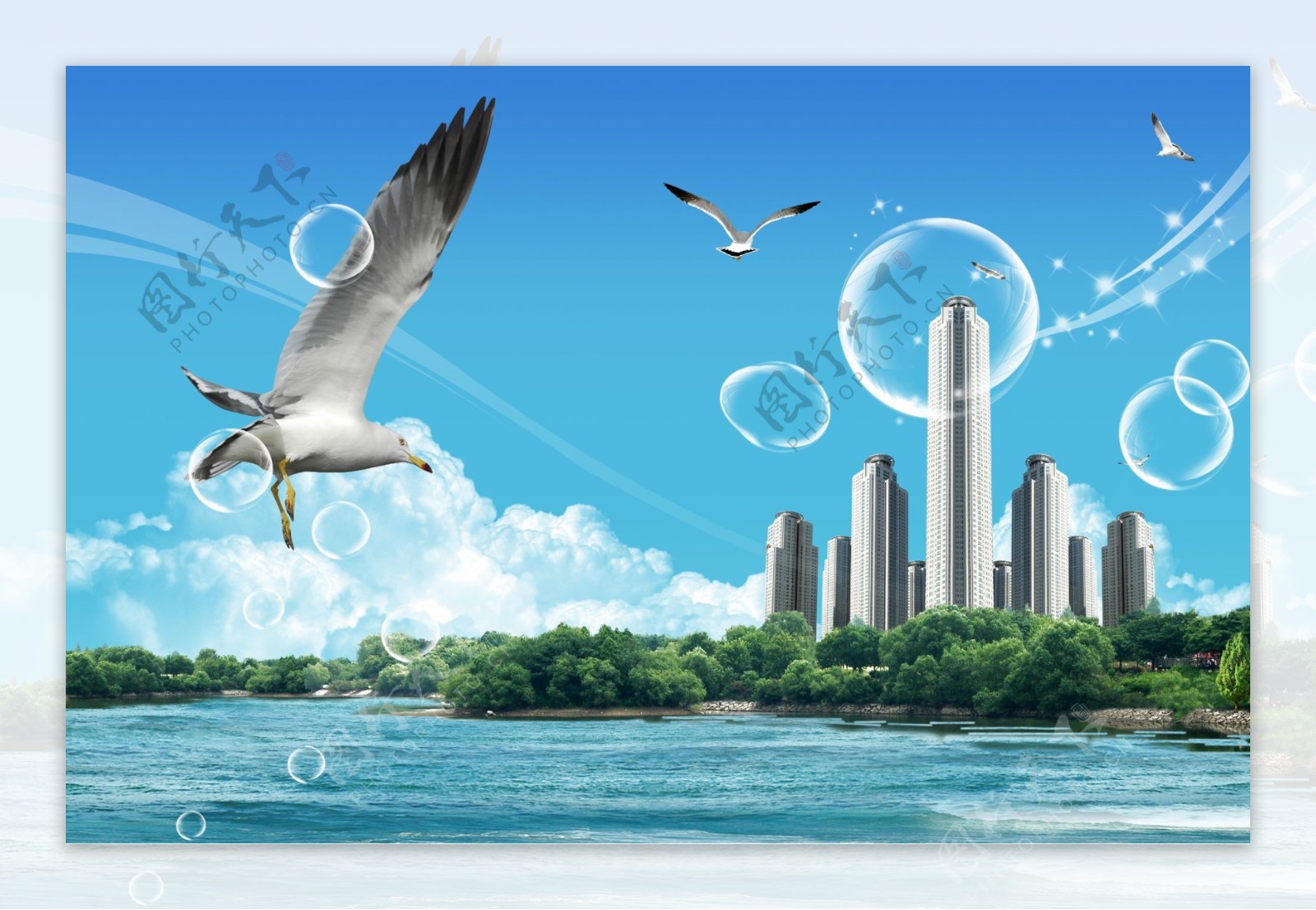 海边的建筑海鸥自由飞翔翅膀跨海大桥