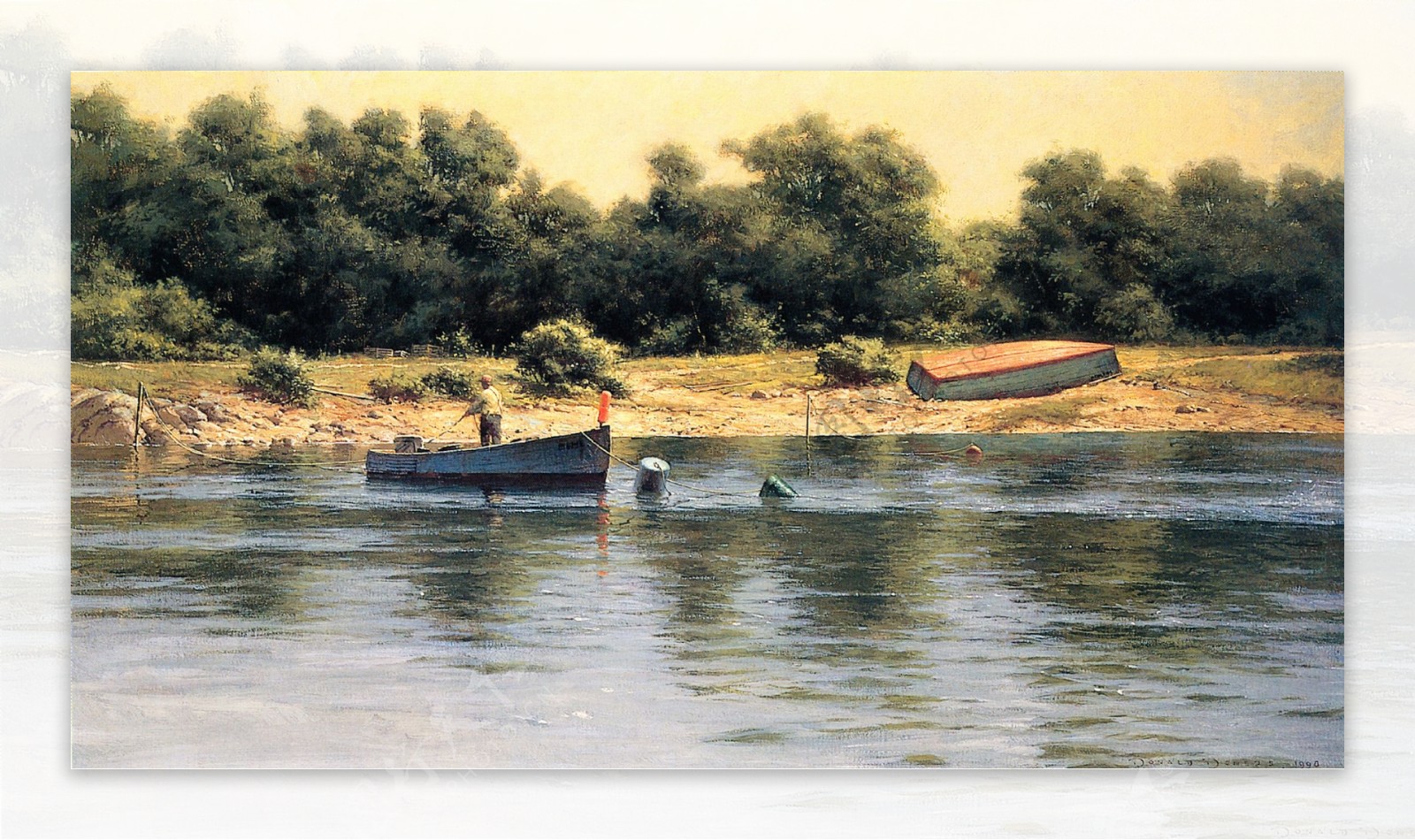 油画河边渔船图片