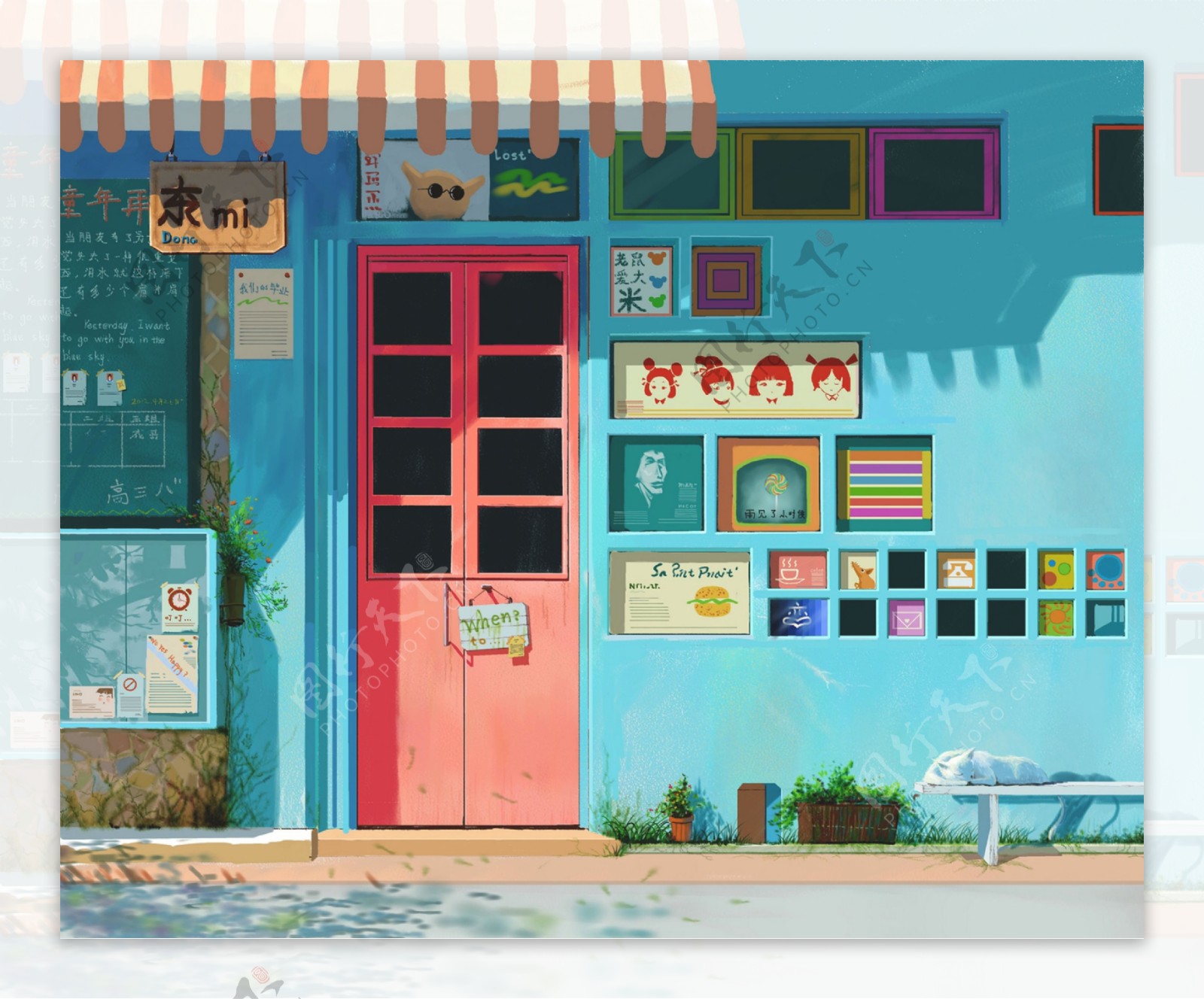 咖啡馆外墙水彩插画