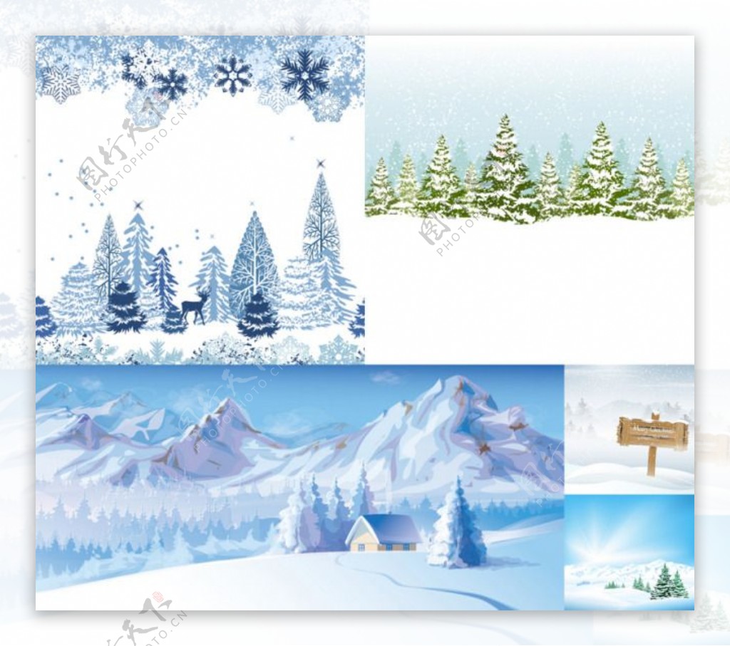 5款冬季雪景插画矢量素材
