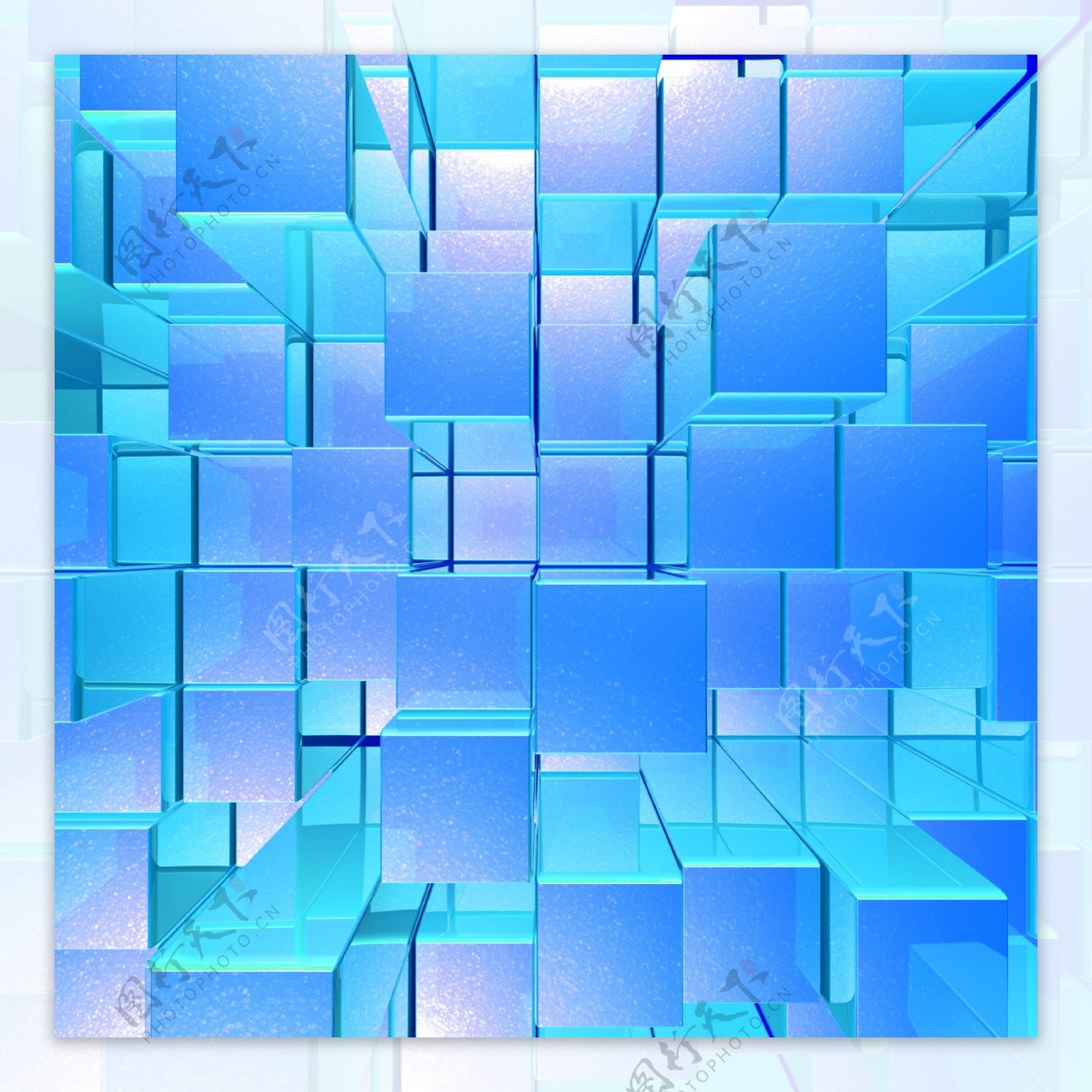 明亮的蓝色发光不透明的金属背景与艺术的立方体和广场