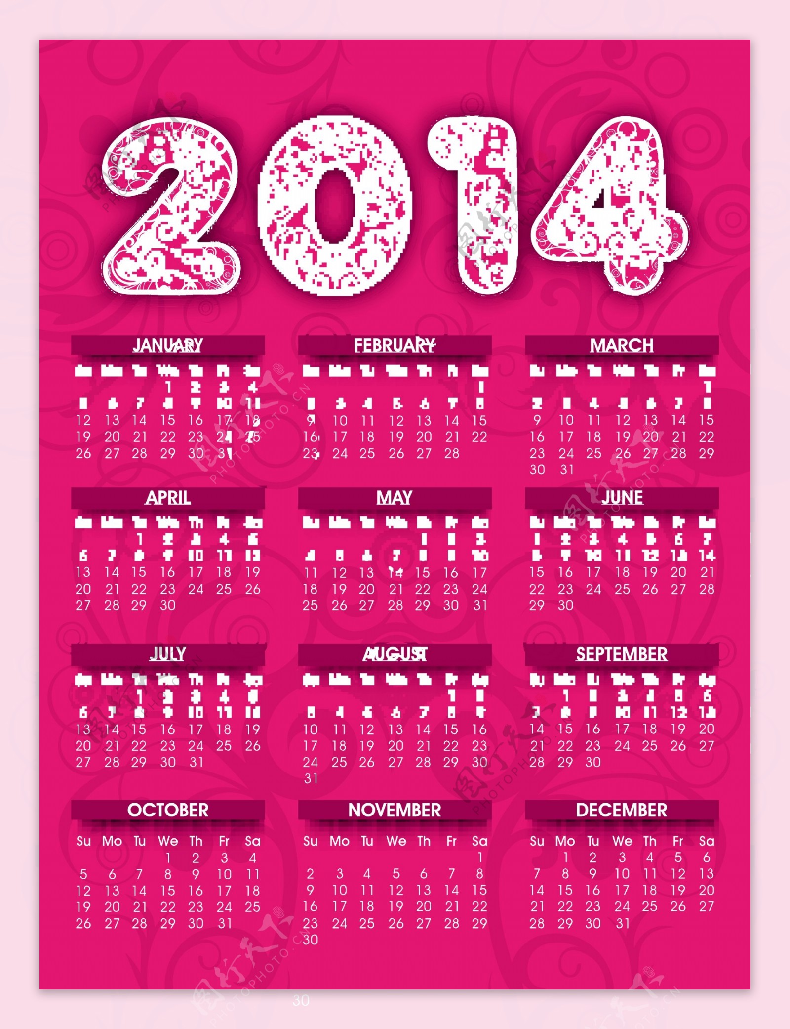 2014日历粉色风格设计矢量