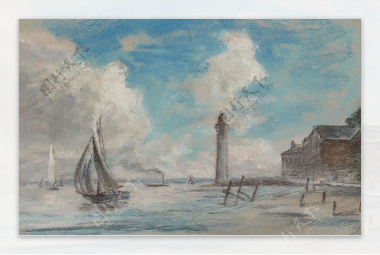 EugeneBoudinHonfleur.Seashore.LighthouseandVessel.jpeg画家风景画静物油画建筑油画装饰画