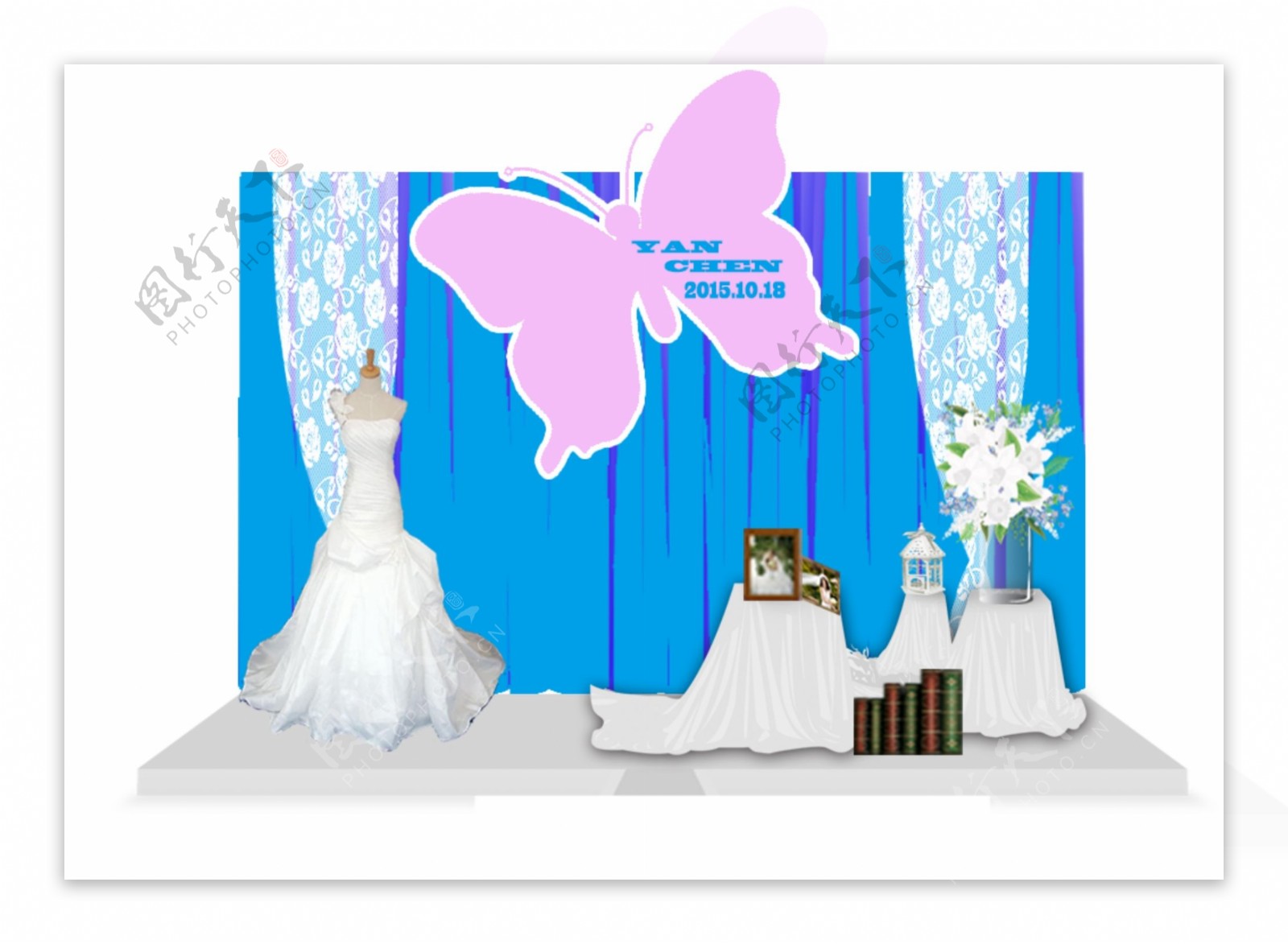 婚礼迎宾区蓝色蝴蝶