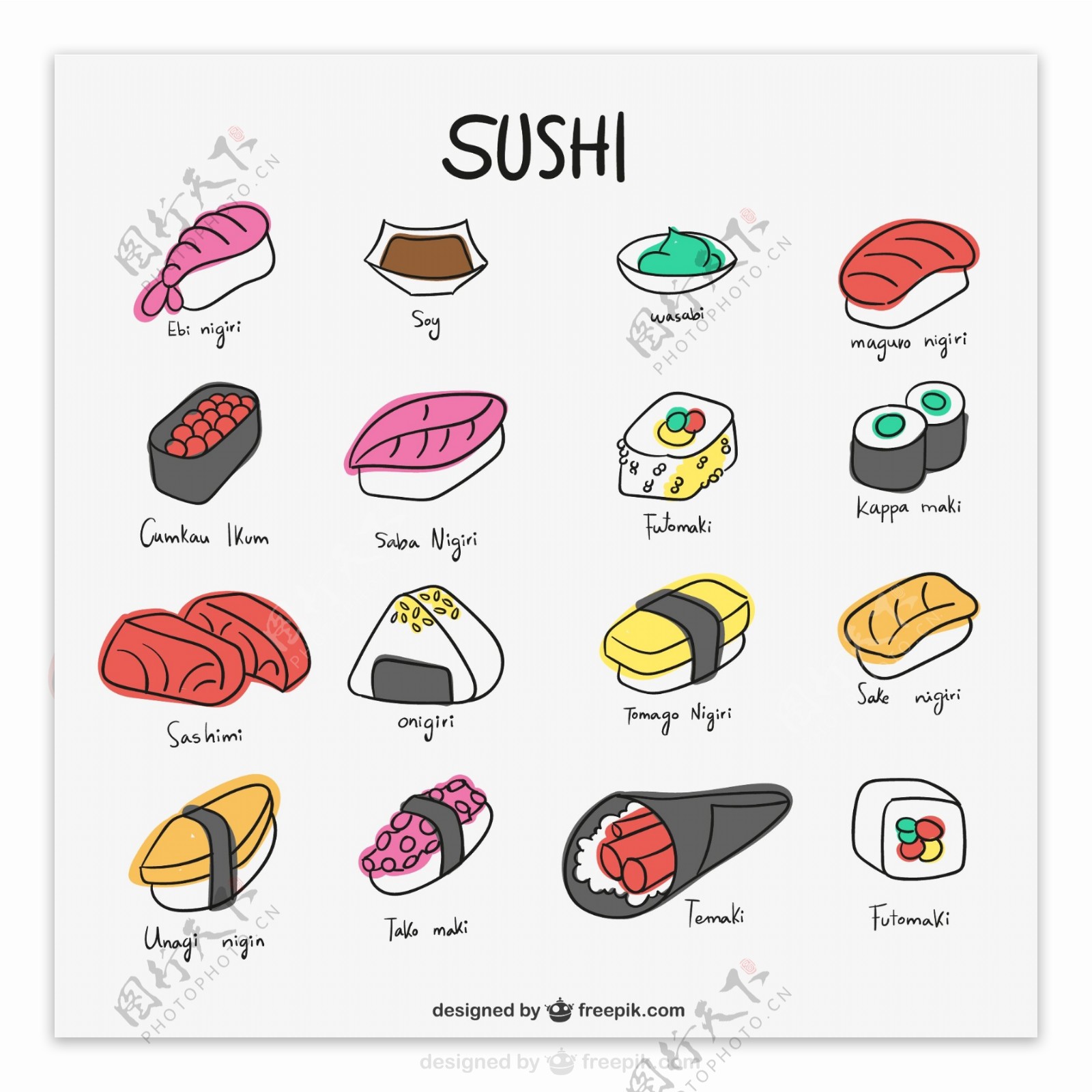 16款彩绘寿司图标矢量素材.