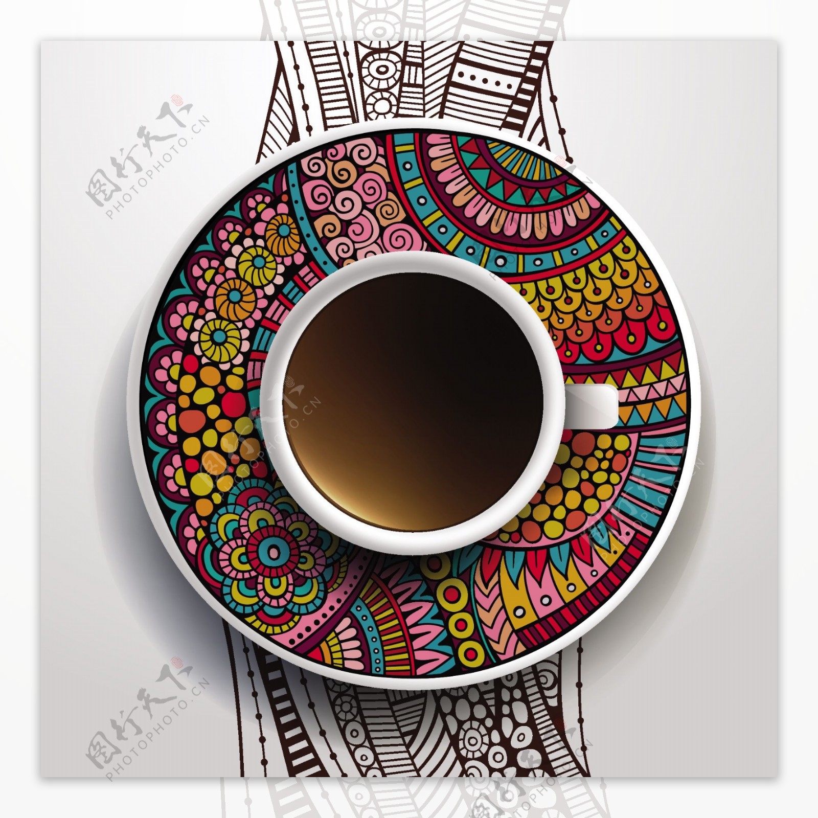 民族图案装饰和咖啡杯矢量01
