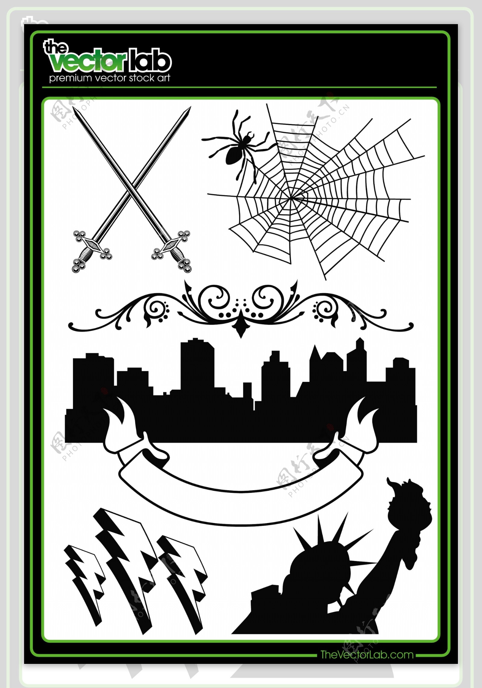 剑蜘蛛城市的轮廓闪电和自由女神像图案矢量素材