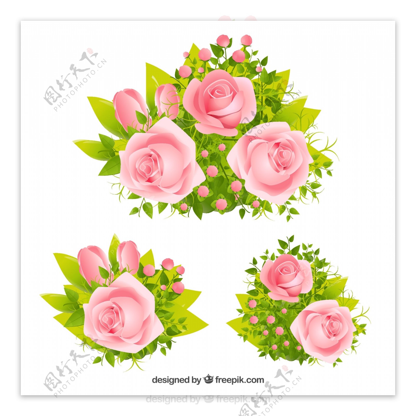 3组精美粉色玫瑰花矢量素材