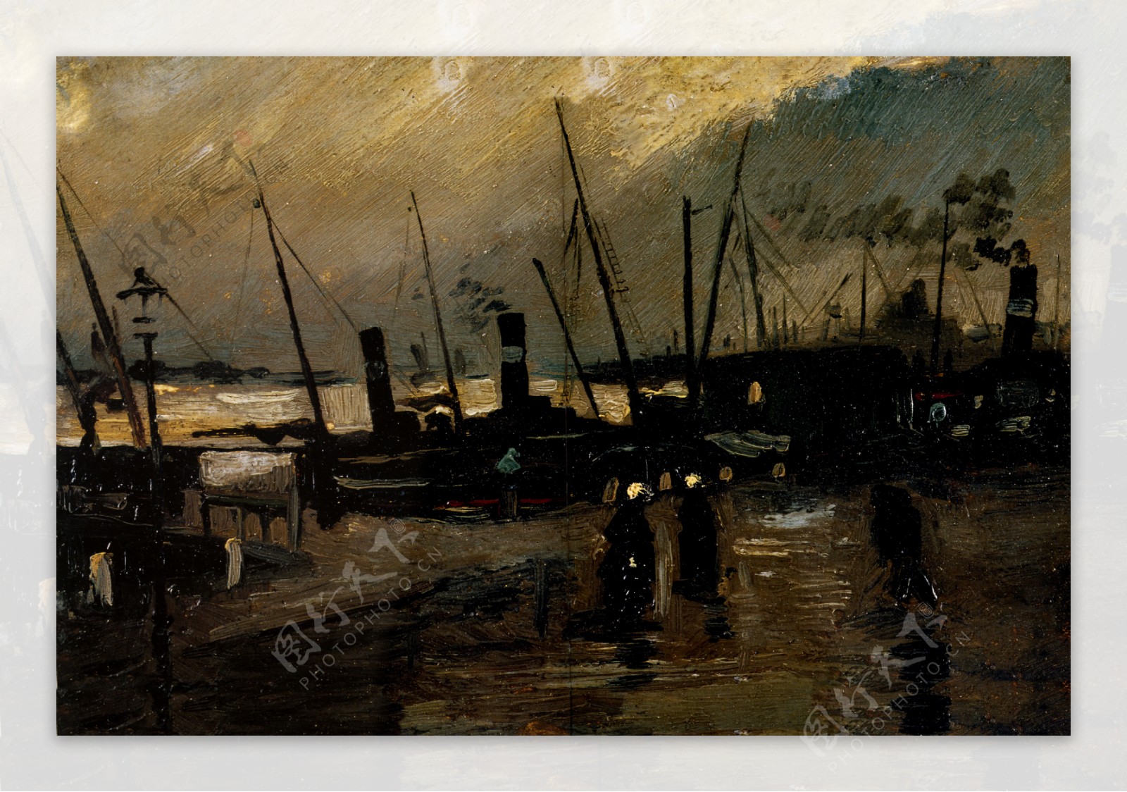 油画绘画黄昏码头船抽象西画西洋画派图片