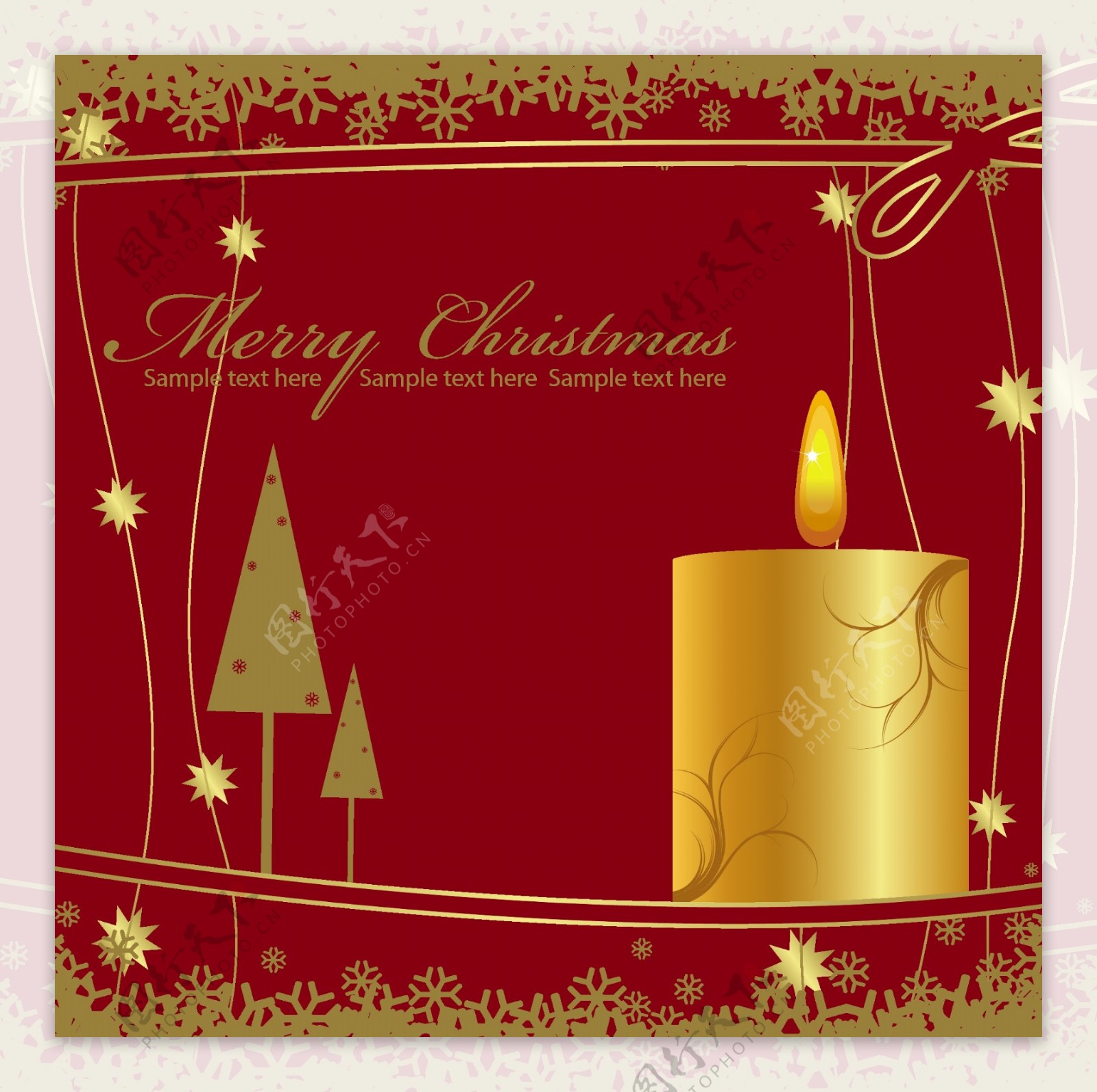 矢量圣诞节丝带挂球雪花花纹花边金色MerryChristmas花边矢量素材