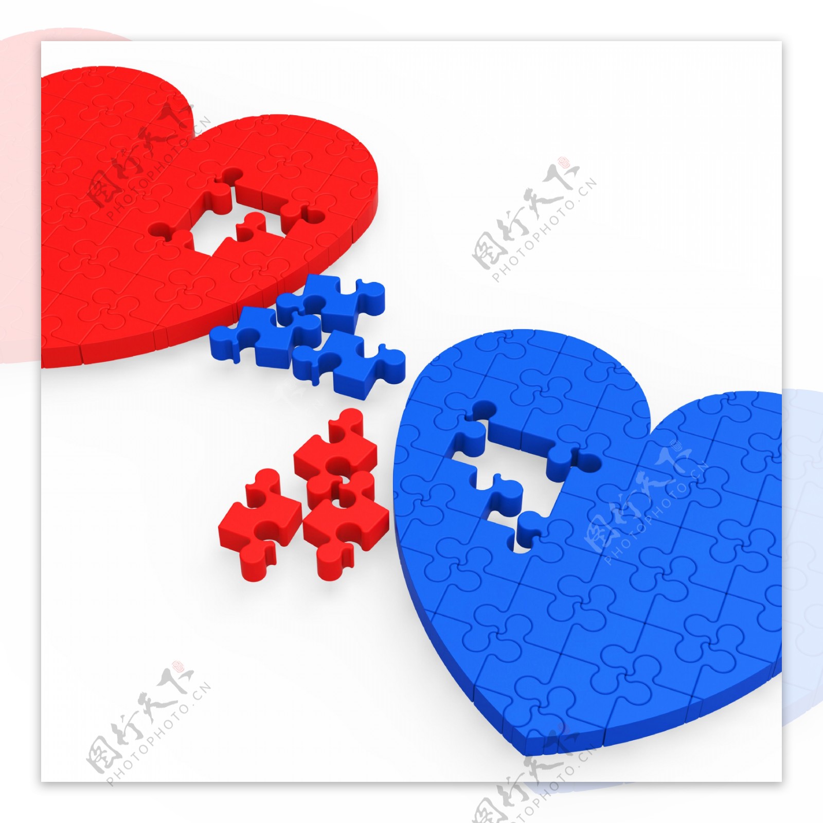 两个三维心脏显示爱的伙伴