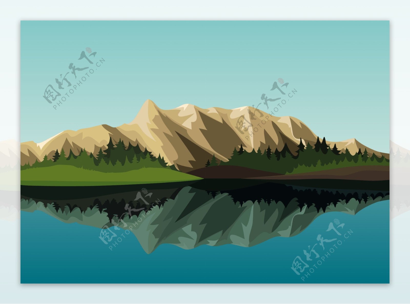 卡通山脉湖水图片