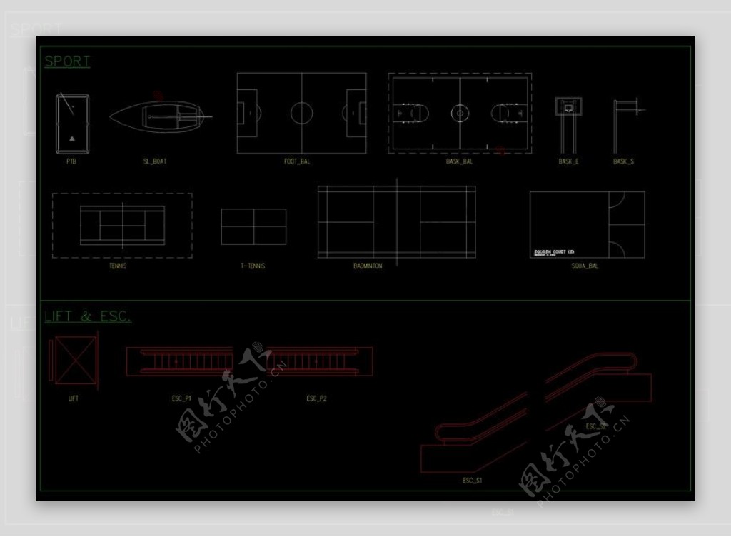 运动操场和扶梯电梯CAD图库