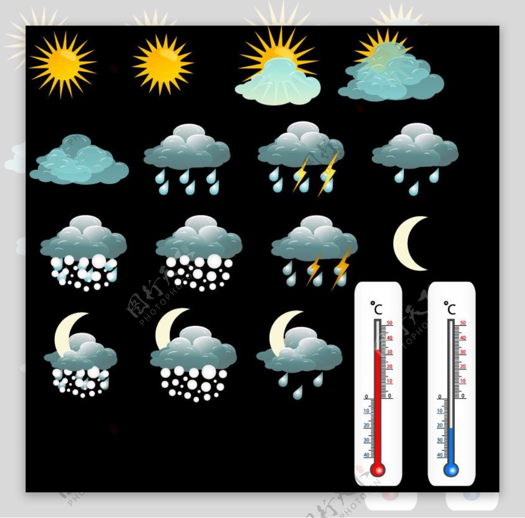 温度计与天气图标矢量素材